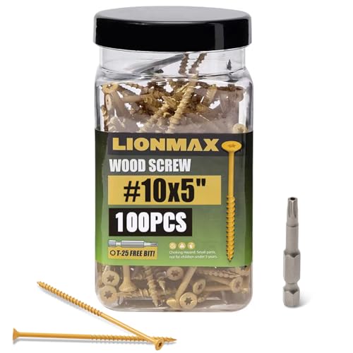 Image of LIONMAX Deck Screws 5 Inch, Wood Screws #10 x 5, 100 PCS, Rust Resistant, Exterior Epoxy Coated, Outdoor Decking Screws, Torx /Star Drive Head Deck Screw, T25 Star Bit Included, Tan