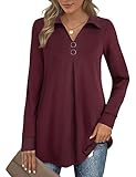 Bebonnie Womens Long Sleeve Casual Lapel V Neck Pullover Tunic Blouse Tops with Buttons, Dark Red, Medium