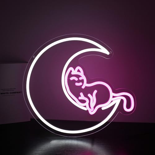 Image of Neon Sign, HSJNJKFU Moon Cat Neon Signs for Wall Decor White Pink LED Cat Signs for Man Cave Room Home Party Birthday Beer Signs - Neon Light USB Powered