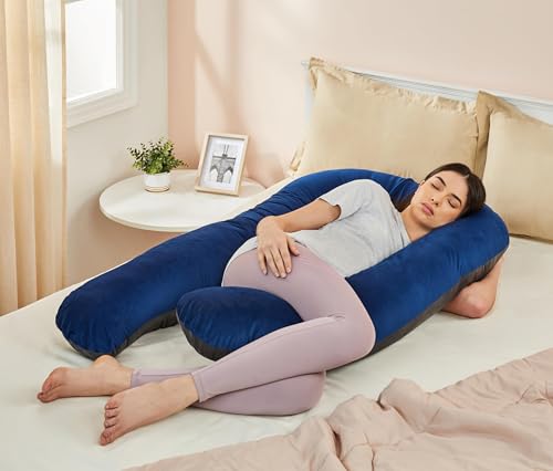 Image of Amazon Basics Velvet Full Body Pregnancy Pillow for Maternity, Baby Nursing, Full Body Support|U-Shaped-Washable Cover with Zip-Blue & Grey