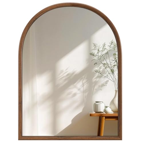 Image of 24 inchx32 inch Arch Wall Mirror for Wall, Wall Mounted Vanity Mirror for Bedroom, Wood Grain Finish Frame Mirror with Tempered Glass, Vintage Decorative for Bathroom, Entryway, Living Room, Walnut