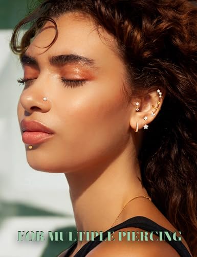 BESTEEL Threadless Flat Back Earrings Hypoallergenic - 9 Pairs 316L Surgical Steel Push in CZ Studs & Hoops Set for Women Men 14K Gold Plated Cartilage Tragus Helix Nose Piercing Jewelry 16G 18G3