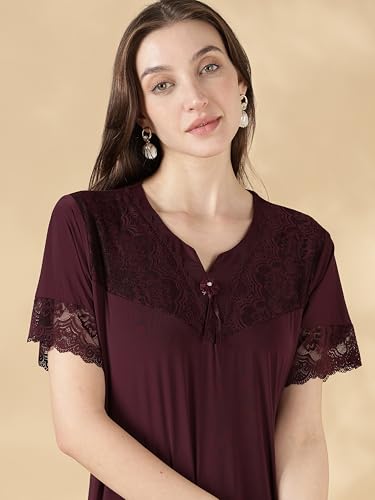 Image of 9shines Label Stylish Soft Modal Maxi Nighty | Honeymoon Nighty | Full Length Trendy Nightgown | V-Neck Lace | Premium Nightdress | Soft Long Nightdress | Maxi Gown Nightwear for Women (Malai Satin)