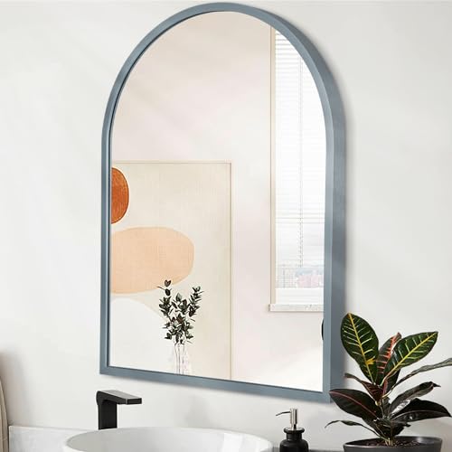 HLFMVWE Wall Mirror Arched Bathroom Mirrors Aluminum Alloy Frame Contemporary Hanging Vanity Mirror for Living Room Bedroom Entryway Vanity, Brushed Metal Framed Wall Mounted Mirror Gray 16"x12"