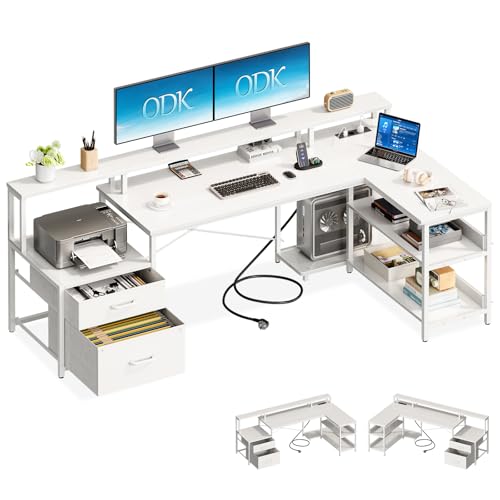 ODK Schreibtisch mit Schubladen, 172.5×100cm Reversibel Eckschreibtisch Groß mit 2 Steckdosen&USB Ladeanschluss, Schreibtisch L Form mit Stauraum, Gaming Tisch für Homeoffice, Weiß