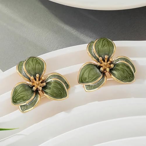 Green Gold Flower Statement Earrings for Women Lightweight Floral Stud Earrings Trendy Elegant Petal Accessories for Spring Dresses Vacation Outfits Dressy Fashion Styling by YANCHUN - Image 6