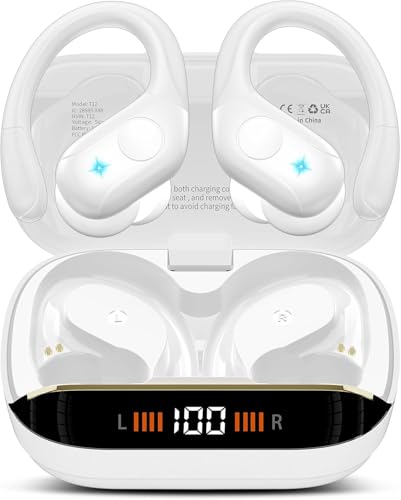 Image of Qecnato Wireless Earbuds Bluetooth 5.4 Headphones 75H Stereo Deep Bass Sports Over Ear Buds with Earhooks, LED Display Bluetooth Earbuds with 4 ENC Mic, IP7 Waterproof Earphone for Running, White