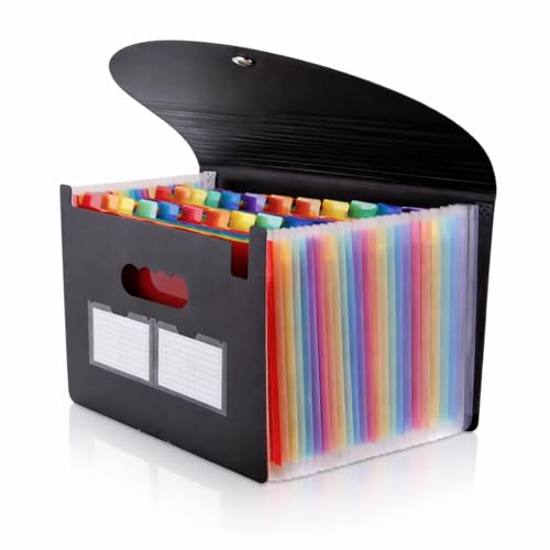 Image of Expanding File Folder with 24 Pockets, A4 Size Accordion File Organizer with Flap & Button Closure, Portable Document Holder for Office, School & Home (Black, Multi-Color Tabs)