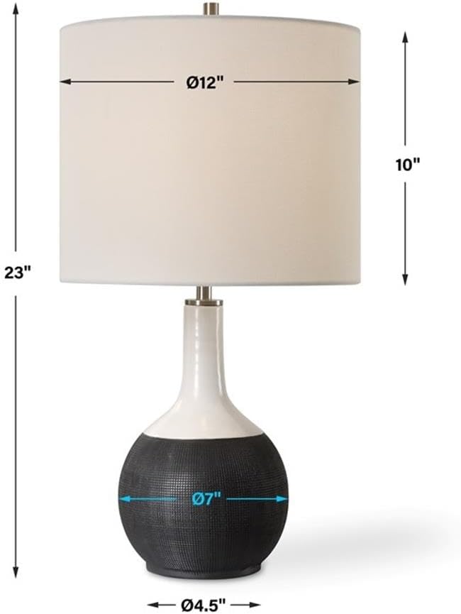 BOWERY HILL Ceramic Table Lamp, 23" H x 12" W x 12" D, Matte Black and Chalk White Finish with Brushed Nickel Accents, Round White Linen Shade, Modern Accent Lighting for Living Room or Bedroom