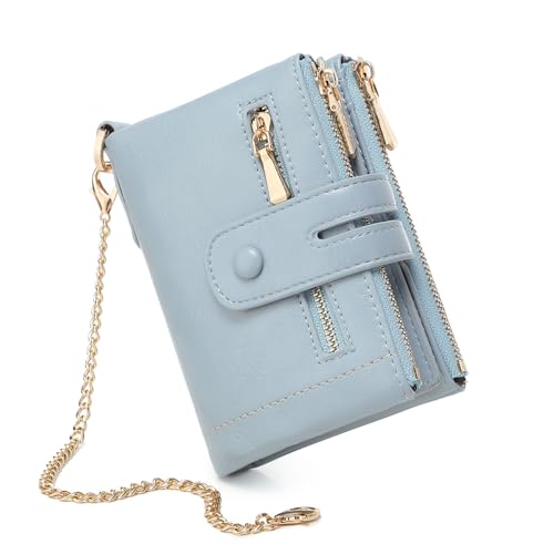 Image of AOXONEL Wallets for Women Small Rfid Bifold Leather Ladies Wallet,Travel Billfolds Medium Size Card Holder with Removable Wristlet Chain,Multi-Card Slots,ID Window,Double Zipper Coin Pocket (Blue)
