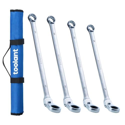 Image of toolant 4PCS Extra Long Ratcheting Wrench Set, Gift for Men, Flex Head & Fixed Offset Head Double Box End Combination Wrench Set, CR-V Steel, Metric 21-24mm, 4PCS with Rolling Pouch
