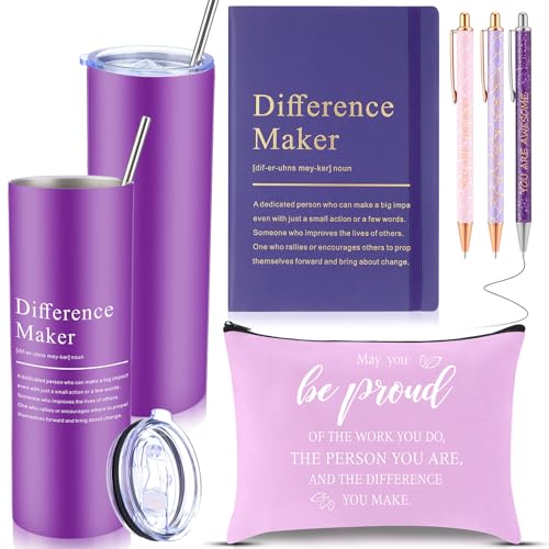 Geiserailie 6 Pcs Difference Maker Gift Employee Appreciation Thank You Gift for Women Teacher Nurse 20 oz Tumbler Leather Journal Ballpoint Pens Makeup Bag for Graduation(Purple)