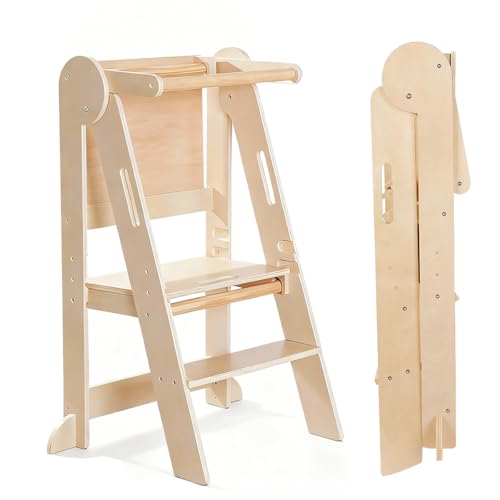 Torre de Aprendizaje Montessori Plegable para Niños, Taburete de Madera con Pizarra, Torre de Aprendizaje para Cocina y Baño, Diseño Ahorro de Espacio con Barra de Seguridad