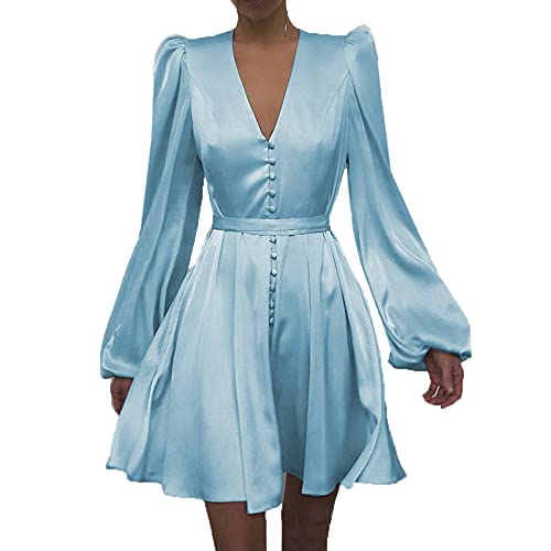 Mode DéContractéE pour Femmes à Col en V, Impression De Couleur Unie, Manches De Lanterne, Taille Mince, Robe Courte à Simple Boutonnage pour Femmes