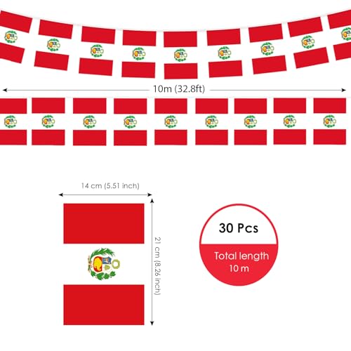 Image of AhfuLife 30 Pcs Peru String Flags for Independence Day Decorations, Small Peruvian Flag Bunting Banner - Double Sided for National Day Festival Party Decorations (5.5x8.3 Inch-33 Ft)