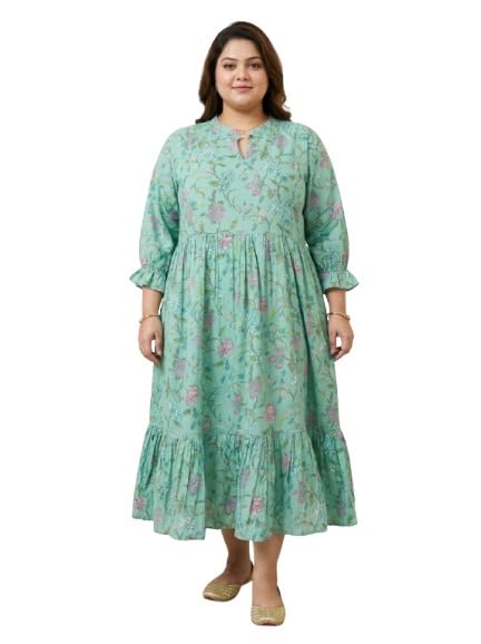 Green Floral Print Tiered Midi Dress, Plus Size, Long Sleeve, Mandarin Collar-image-17
