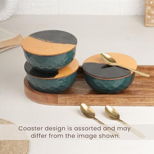 Image of The Earth Store Teal Diamond Ceramic Bowl Serving Set - 3 Bowls (500ml Each) with Wooden Tray, 3 Spoons & 3 Multipurpose Lids /Coaster - for Snacks, Curries, Desserts & Fruits