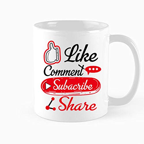 Funny Coffee Mug, Like - Comment - Subscribe - Share, gift mugs for users of social networks, Office gift ,Birthdays and Christmas gifts for friends, colleagues, family ,11 oz Novelty Mug