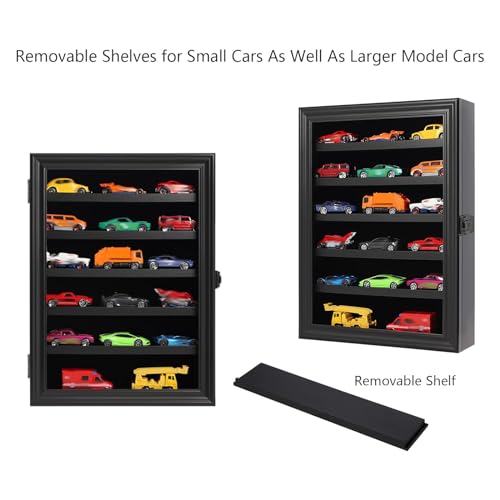 Image of Toy Cars Display Case 1 /64 Scale Diecast Car Display Case Wall Mount Model Car Display Storage Cabinet Lockable with Real Glass & Removable Shelf Rack -Black