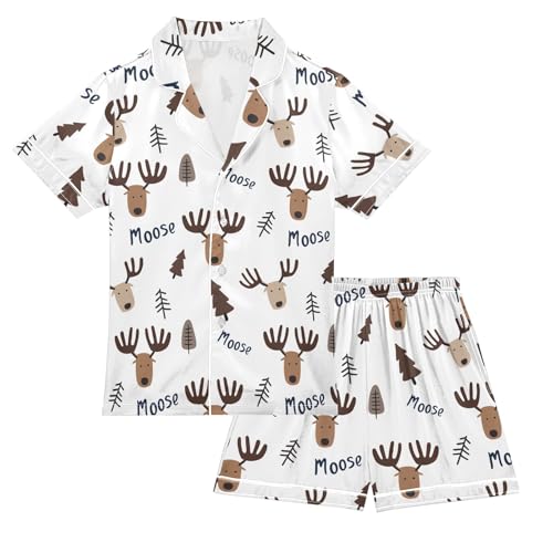 Cute Night Moose Summer Satin Pajama Set, Cute Button-Down Sleepwear Pj Set for Sleep Wears