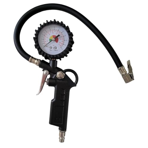 FAST WORLD SHOPPING Pistola Gonfiaggio Aria Compressa con Manometro Bar, PSI, Tubo Flessibile, e Valvola di Sfiato, Innesto Rapido e Attacco Schrader per Pneumatici Auto e Moto