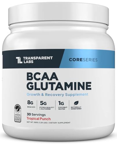 Transparent Labs BCAA Glutamine - 8000 mg of BCAA Powder Per Serving with L Glutamine for Post Workout Recovery Muscle Growth & Increased Endurance - 30 Servings Tropical Punch