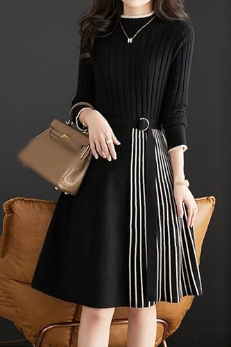 LAI MENG FIVE CATS Women's Elegant Long Sleeve Stripe Sweater Ribbed Knit Pullover Fall Midi Dress4