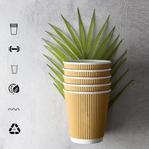 أكواب قهوة فاخرة معزولة ومموجة بنية اللون للاستخدام مرة واحدة سعة 12 أونصة [30 قطعة] مع غطاء - أكواب ورقية مموجة للمشروبات الساخنة - عبوة من 30 كوبًا وغطاء