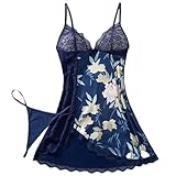 Generisch Strumpfhosen Damen Dessous Dessous mit Spitze und bedrucktem Damen-Nachthemd und Tanga, Zweiteiliger Anzug Y 3 (Navy, L)