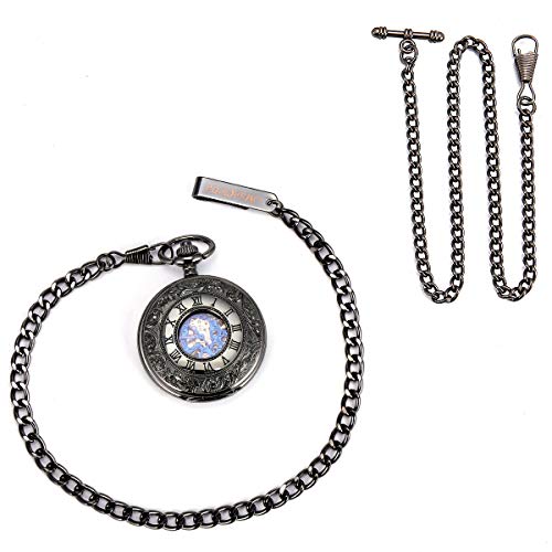 Image of ManChDa Mechanical Roman Numerals Dial Skeleton Pocket Watches with Box and Chains for Mens Women