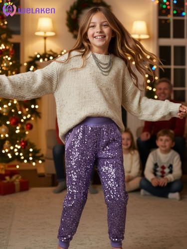 Image of WELAKEN Sequin Casual Pants for Girls with Lining Kids & Little Girl's Sparkling Trousers