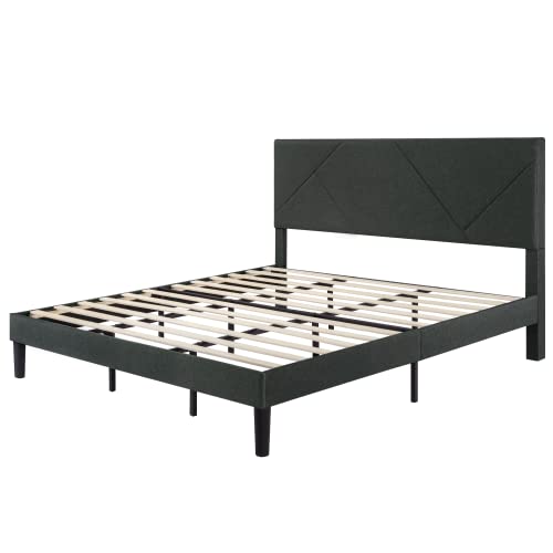 Imusee King Size Bed Frame, Upholstered Bed Frame With Geometric Headboard, Heavy Duty Mattress Foundation With Wooden Slats, Easy Assembly, Dark Grey #TOP7