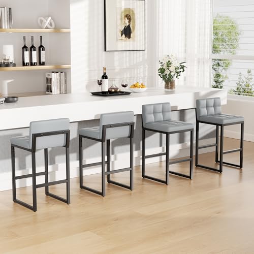 Image of Bar Stools Set of 3, Modern Counter Height Barstools, Light Grey
