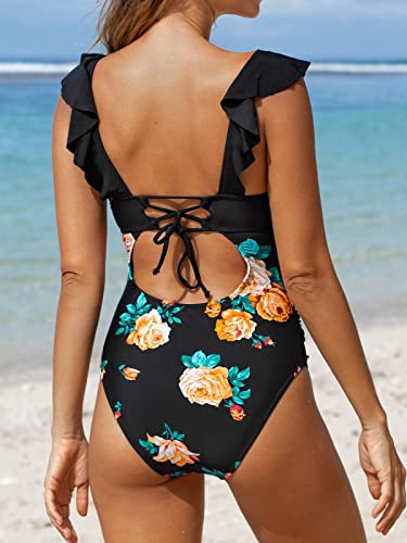 Cupshe Women's One Piece Swimsuit Ruffle V Neck Lace Up Bathing Suit, M Black Floral #TOP1