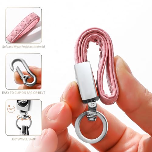 Image of Gkeygo Carabiner Keychain, Universal Heavy Duty Woven Handmade Leather Key Chain, Car Fob Key Keychains with 360 Degree Rotatable Snap Swivel and Anti-Lost D-Ring for Men and Women, Silver - Pink