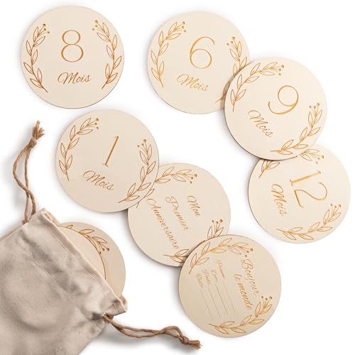 Wood You Buy Lot de Disques en Bois Repères Mensuels Bébé avec Sac de Rangement – Accessoires Photo Nouveau-Né, Panneau Hello World Naissance, Souvenirs...