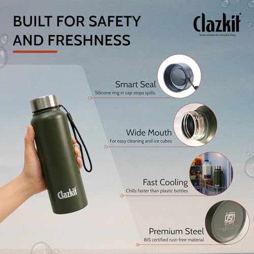Image of Clazkit Alpha Pro Classic Stainless Steel Water Bottle Single Wall 750ml Set of 6 | Lightweight, Leak-Proof, Reusable | Ideal for School Kid, Office, Gym & Travel | Green