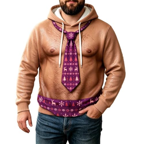 Ugly Christmas Hoodie Sweatshirt for Men Funny Santa 3D Hairy Chest Costume