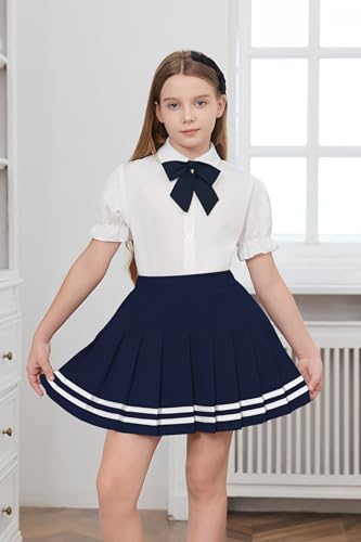 Image of Betusline Girls Skirt Set JK School Uniform 2-Piece Outfit - Short Sleeve Shirt with Bow & Webbing Style Solid Pleated Skirt,Webbing Navy Blue, 4-5 T = Tag 120