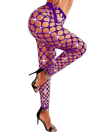 RSLOVE Women Sexy High Waist Tights Rhinestone Sparkle Fishnet Pantyhose Leggings Stockings Lingerie Pants One Piece Purple