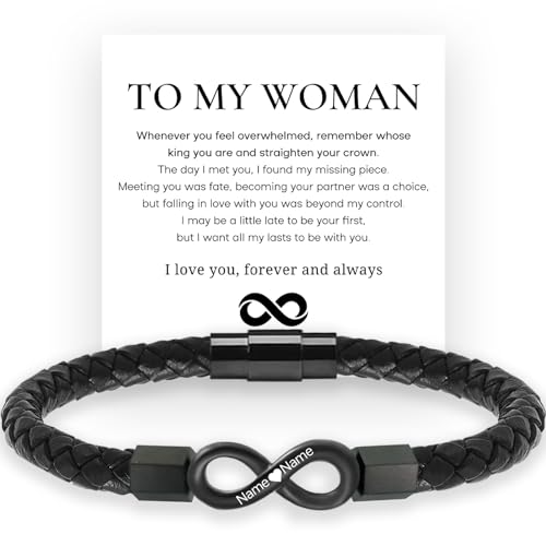 To My Wife, Feel My Love Infinity Leather Bracelet, Personalized Dual Name Infinity Leather Bracelet, Personalized Custom Name Bracelet for Women, Wife Gifts from Husband