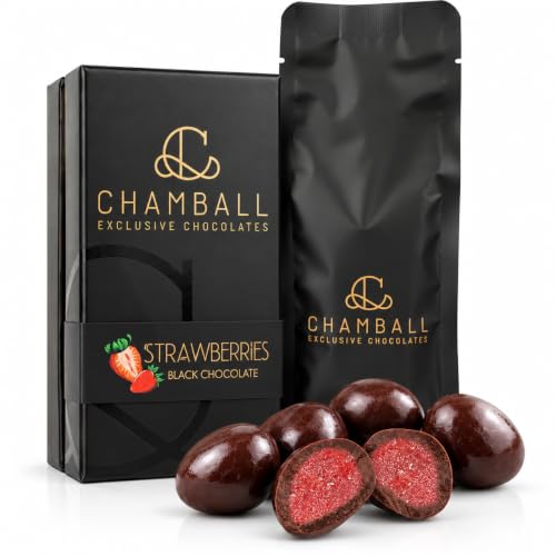 CHAMBALL Fresas con Chocolate Negro Belga, Bombones de Fresa, Regalo 150 g | Fresas Deshidratadas Bañadas en Chocolate Negro · Caja Negra con Bolsa · Regalo para San Valentín, Día del Padre y Cumpleaños
