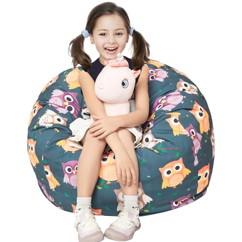 Round Bean Bag Cover Only without Filling, Large Stuffed Animal Bean Bag Storage, Bean Bag Chair Cover, Beanbag Covers with no Filling for Kids and Teens (Owl, Large)