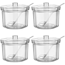 Lemecima 4 Pieces Acrylic Sugar Containers for Countertop Clear Sugar Holder Dispenser Salt Bowl with Lid and Spoon with Tag for Serving Condiment Candy Coffee Tea Spices Herbs 14 oz