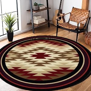 PDENZG Red Round Rug,3.3ft, Round Boho Rug, Rustic Rugs, Southwestern Round Rug,Non-Shedding Round Brown Floor Mat, for Living Room Dining Room Home