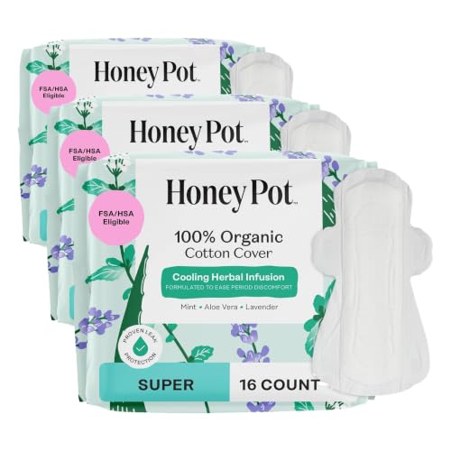Image of The Honey Pot Company - Herbal Pads for Women - Super w /Wings - Infused w /Essential Oils for Cooling Effect, Organic Cotton Cover, & Ultra-Absorbent Pulp Core - Feminine Care - 16 ct (Pack of 3)