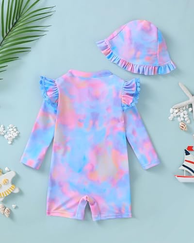 Image of Toddler Girl Swimsuit Baby Girl Bathing Suit Long Sleeve Floral Zipper One-Piece Rash Guard Swimsuit with Hat