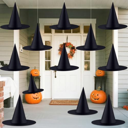 ZeeDix 12 Pcs Halloween Witch Hat Black Hanging Witch Hats with Rope
