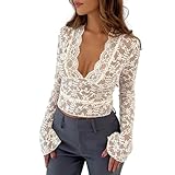 Chloefairy Sexy Women's Lace Blouse Flared Sleeve Deep V-Neck Lace Floral See Through Slim Fit Mesh Sheer Crop Tops Clubwear (US, Alpha, Small, Regular, Regular, White)