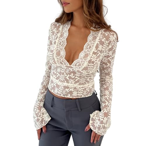 Chloefairy Sexy Women's Lace Blouse Flared Sleeve Deep V-Neck Lace Floral See Through Slim Fit Mesh Sheer Crop Tops Clubwear (US, Alpha, Small, Regular, Regular, White)
